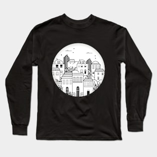 Simplistic Monochrome Mediterranean Village Illustration Long Sleeve T-Shirt